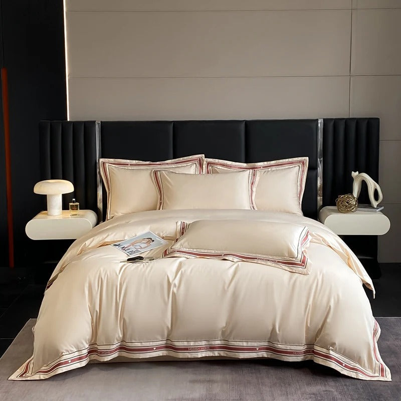 White Embroidered Bedding Set with Red & Grey Trim - 1000TC 