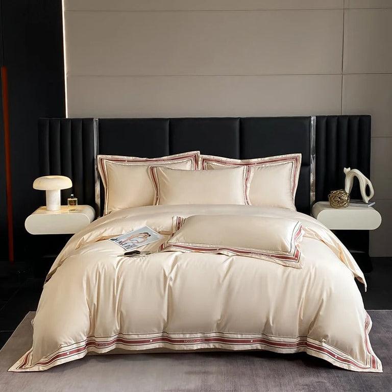 White Embroidered Bedding Set with Red & Grey Trim - 1000TC 