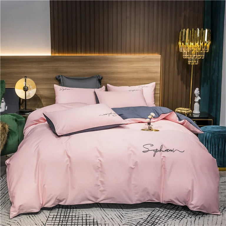 Black Bedding Set with Gold Piping & Signature Embroidery - 400TC