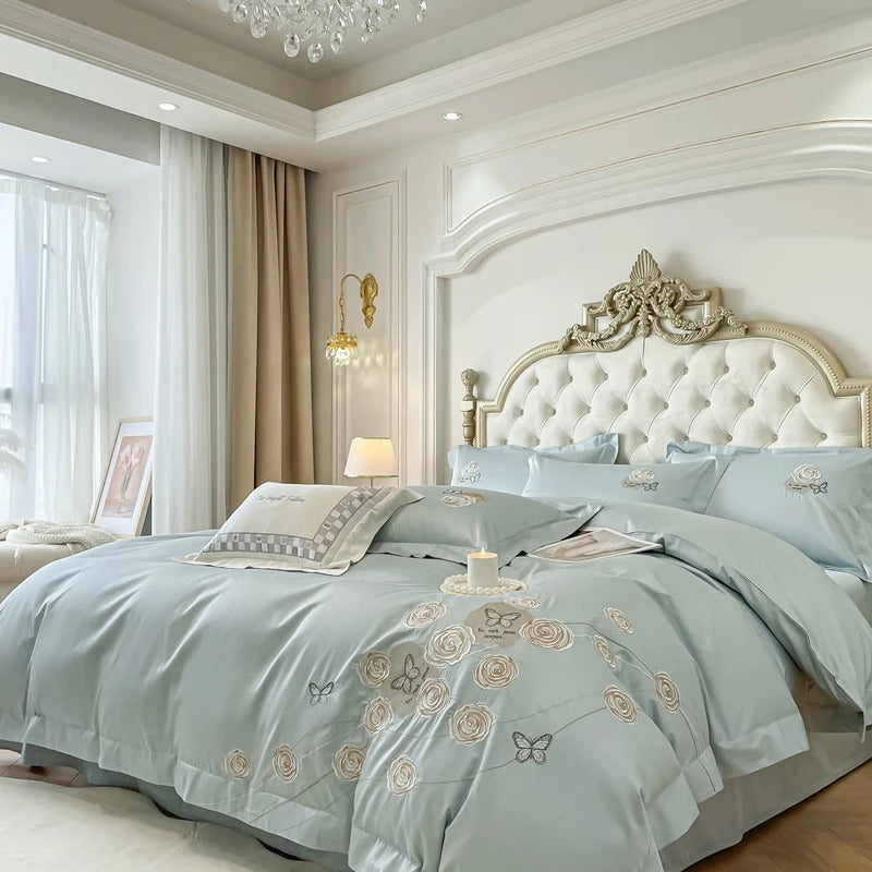 Elegant Rose and Butterfly  Embroidered Bedding Set with Duvet Cover - 600TC