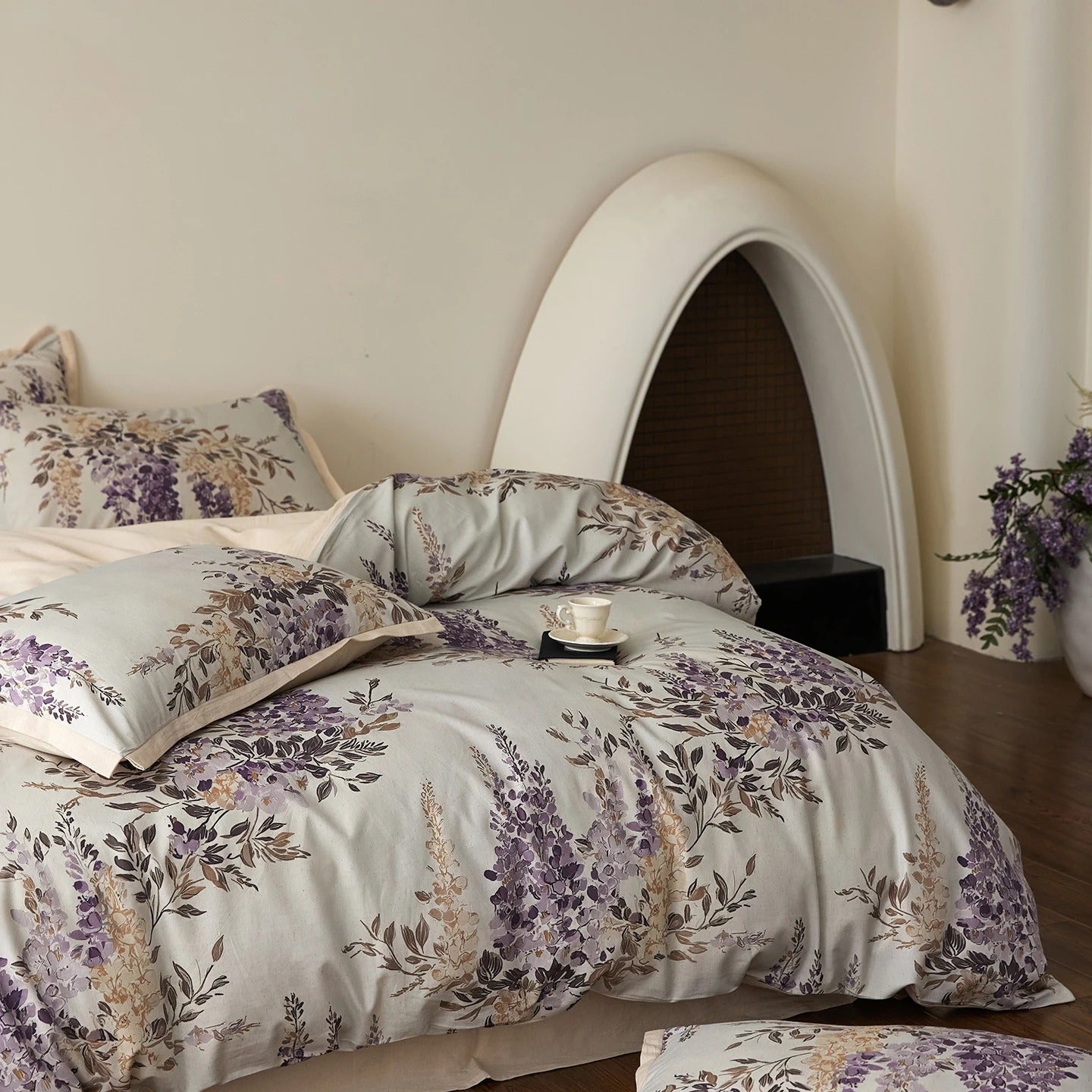 Soft Beige Floral Egyptian Cotton Bedding Set with Duvet Cover - 800TC