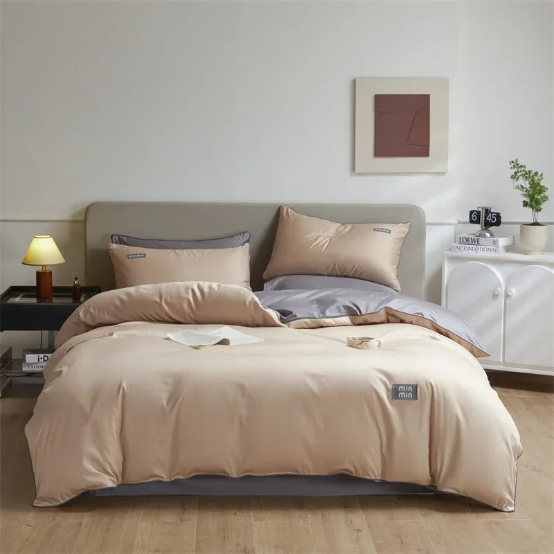 Beige and Green Satin Egyptian Cotton Bedding Set with Duvet Cover - 800TC