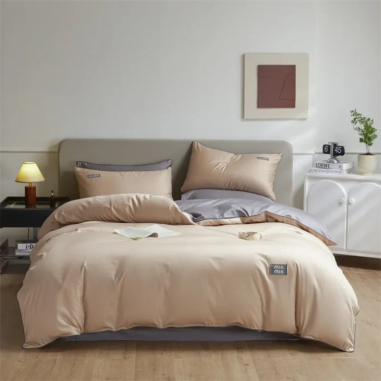 Beige and Green Satin Egyptian Cotton Bedding Set with Duvet Cover - 800TC