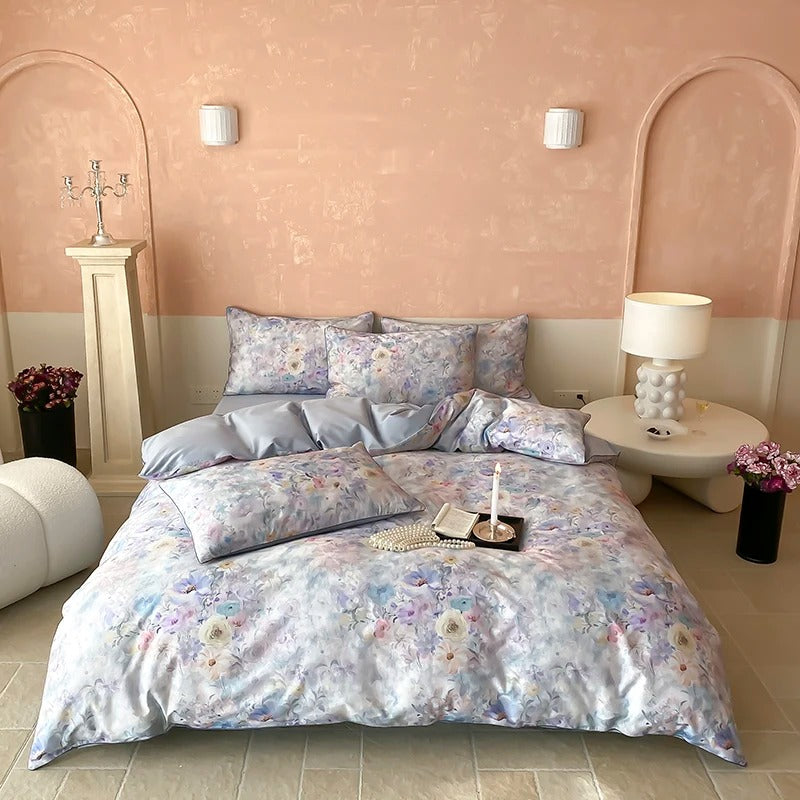 Pastel Floral Satin Egyptian Cotton Bedding Set - 700TC