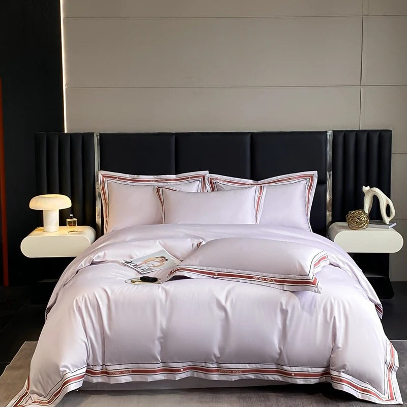 White Embroidered Bedding Set with Red & Grey Trim - 1000TC 