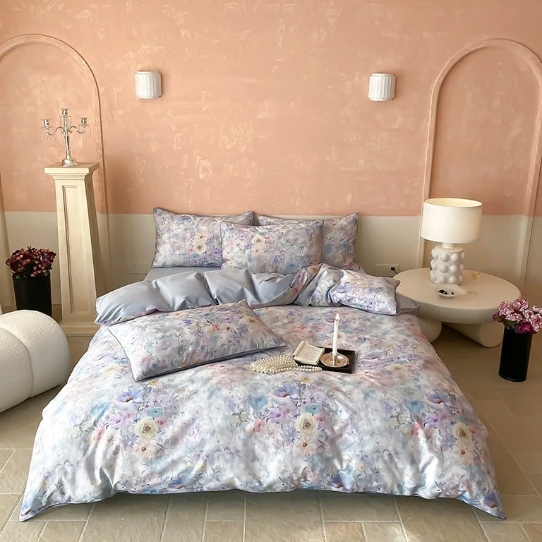 Pastel Floral Satin Egyptian Cotton Bedding Set - 700TC