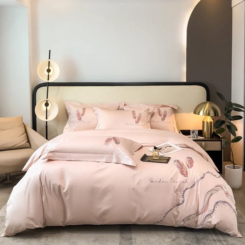 Feather-Embroidered Beige Satin Bedding Set with Duvet Cover - 600TC