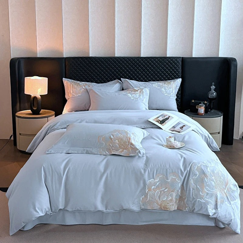 Luxury Modern Embroidered Pink Floral Bedding Set with Duvet Cover - 600TC