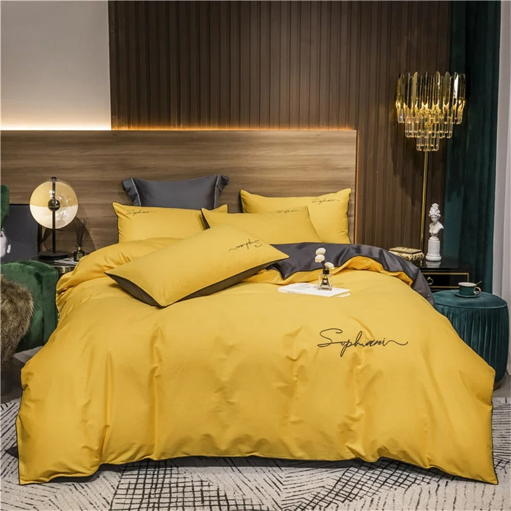 Black Bedding Set with Gold Piping & Signature Embroidery - 400TC