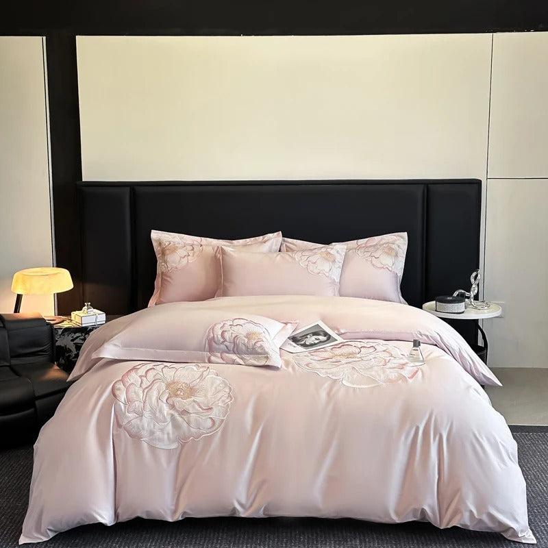 Embroidered Blue Satin Floral Bedding Set with Duvet Cover -  600TC