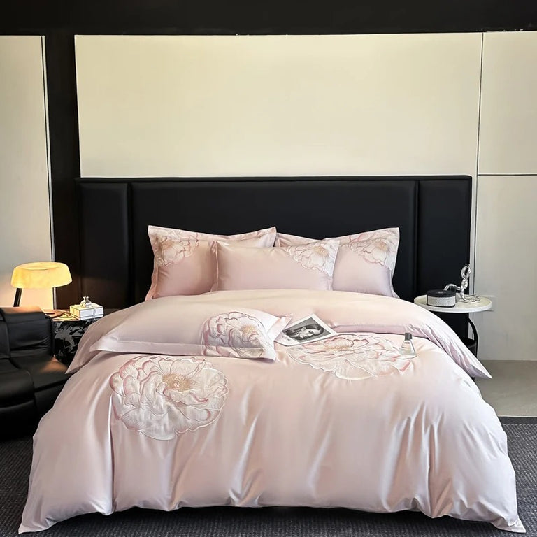 Embroidered Blue Satin Floral Bedding Set with Duvet Cover -  600TC