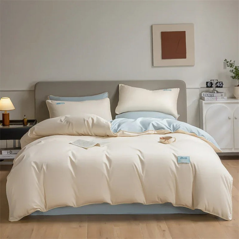 Beige and Green Satin Egyptian Cotton Bedding Set with Duvet Cover - 800TC