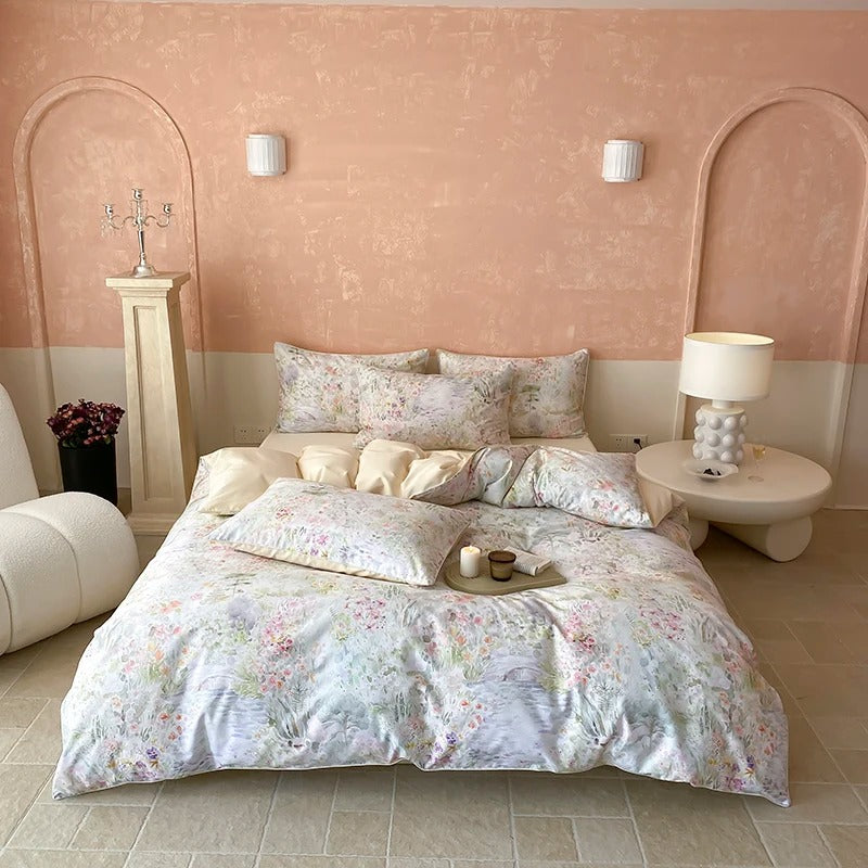 Pastel Floral Satin Egyptian Cotton Bedding Set - 700TC