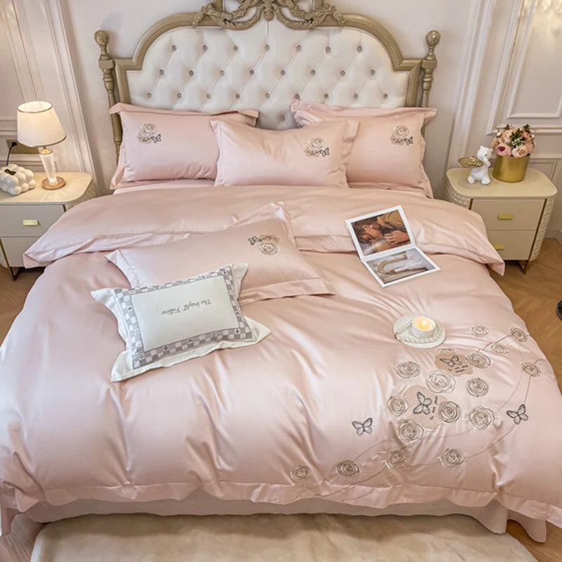 Elegant Rose and Butterfly  Embroidered Bedding Set with Duvet Cover - 600TC