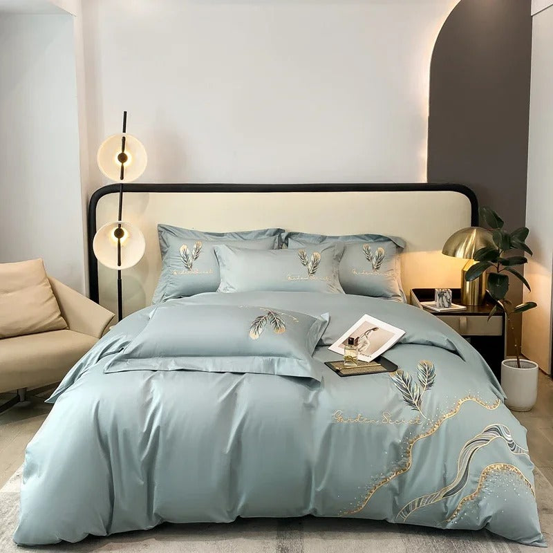 Feather-Embroidered Beige Satin Bedding Set with Duvet Cover - 600TC