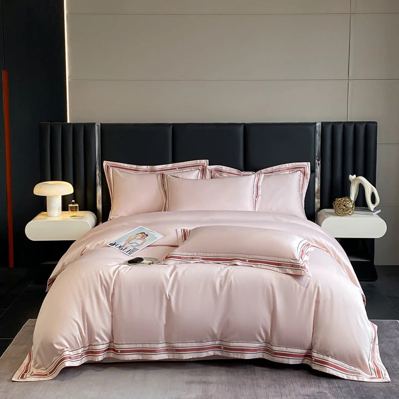 White Embroidered Bedding Set with Red & Grey Trim - 1000TC 