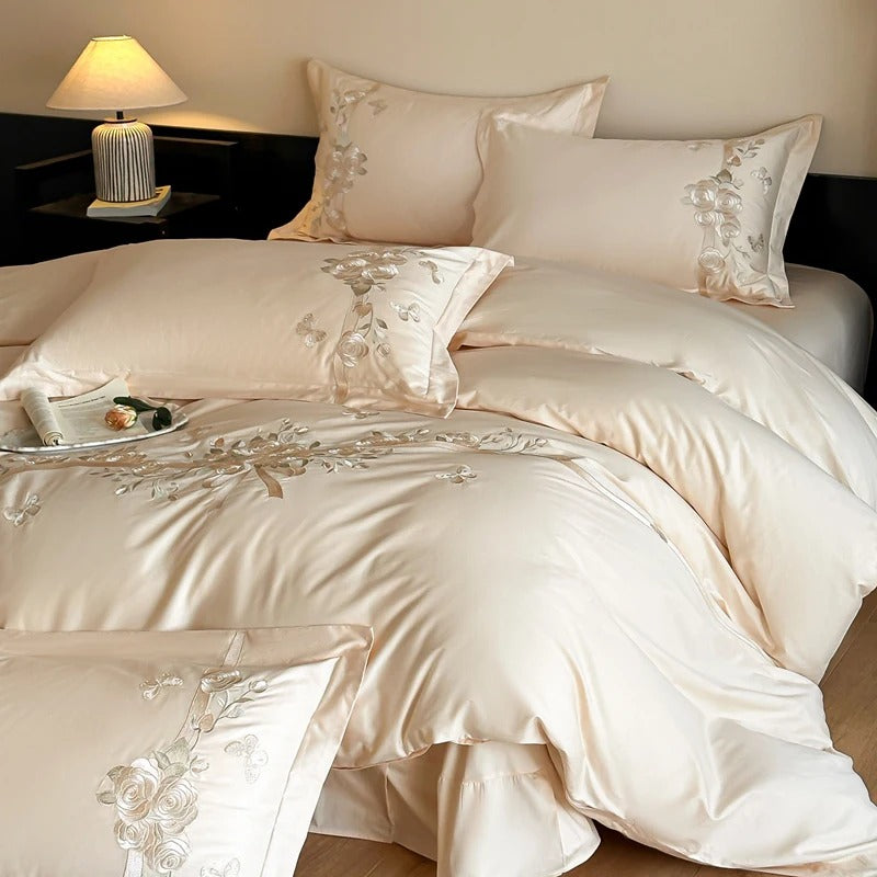 Luxury Blue Satin Bedding Set with Silver Floral Embroidery - 600TC