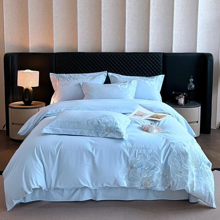 Luxury Modern Embroidered Pink Floral Bedding Set with Duvet Cover - 600TC