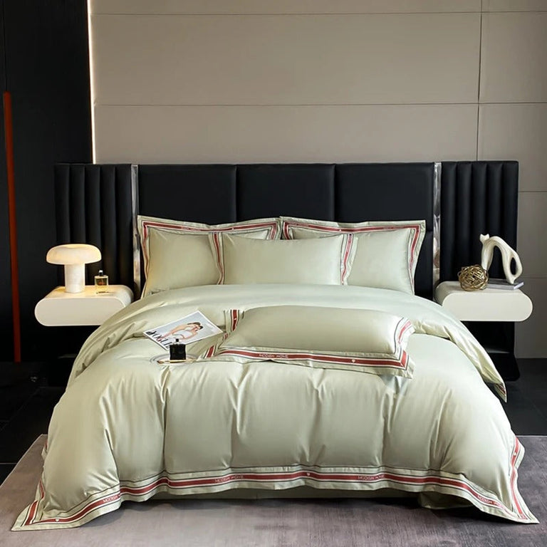 White Embroidered Bedding Set with Red & Grey Trim - 1000TC 