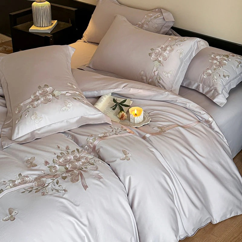 Luxury Blue Satin Bedding Set with Silver Floral Embroidery - 600TC