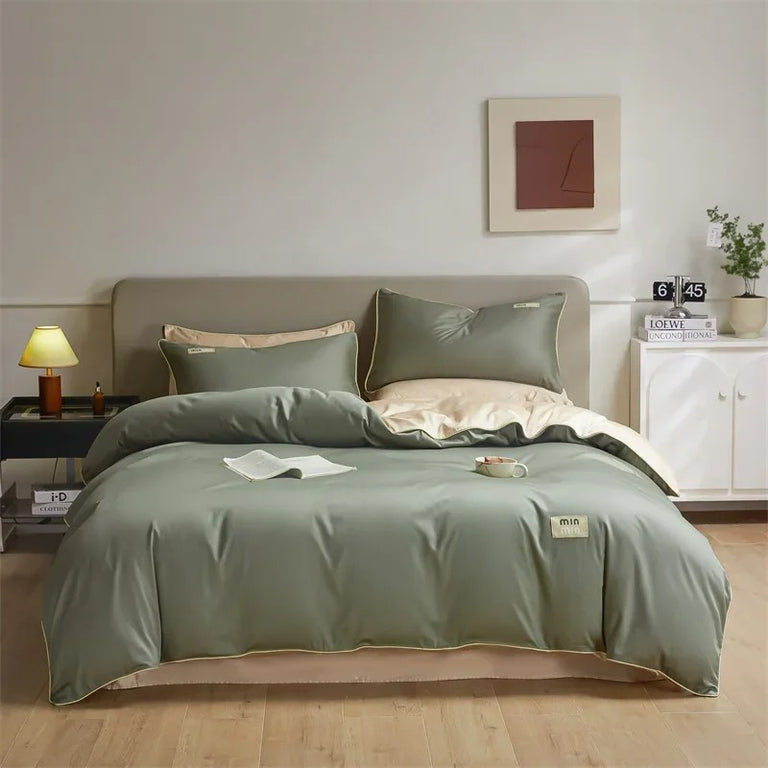 Beige and Green Satin Egyptian Cotton Bedding Set with Duvet Cover - 800TC