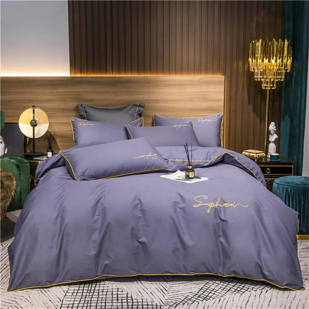 Black Bedding Set with Gold Piping & Signature Embroidery - 400TC