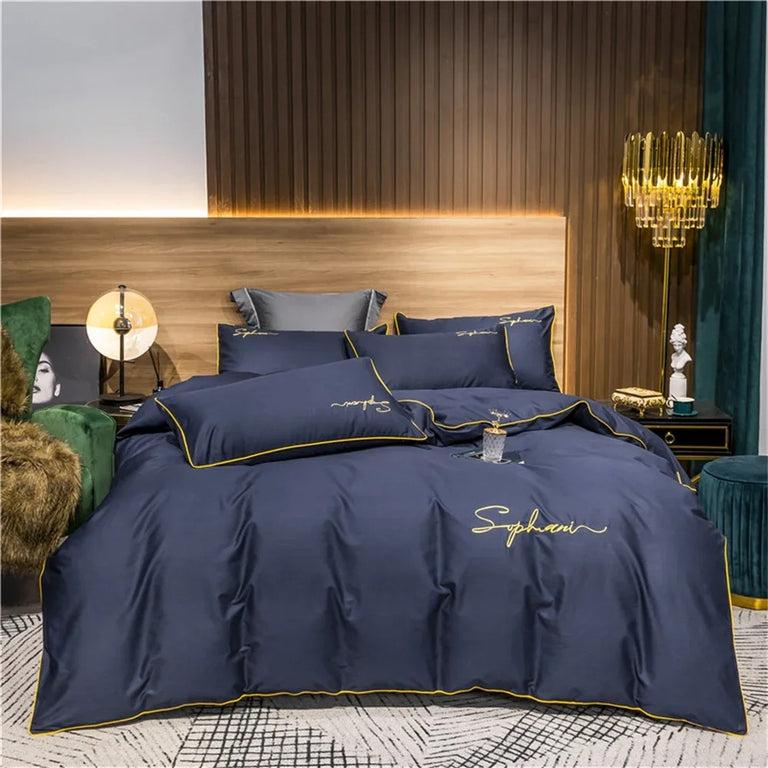 Black Bedding Set with Gold Piping & Signature Embroidery - 400TC