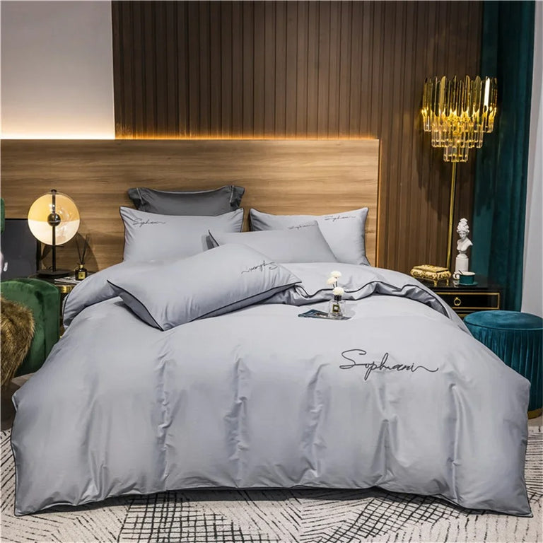 Black Bedding Set with Gold Piping & Signature Embroidery - 400TC