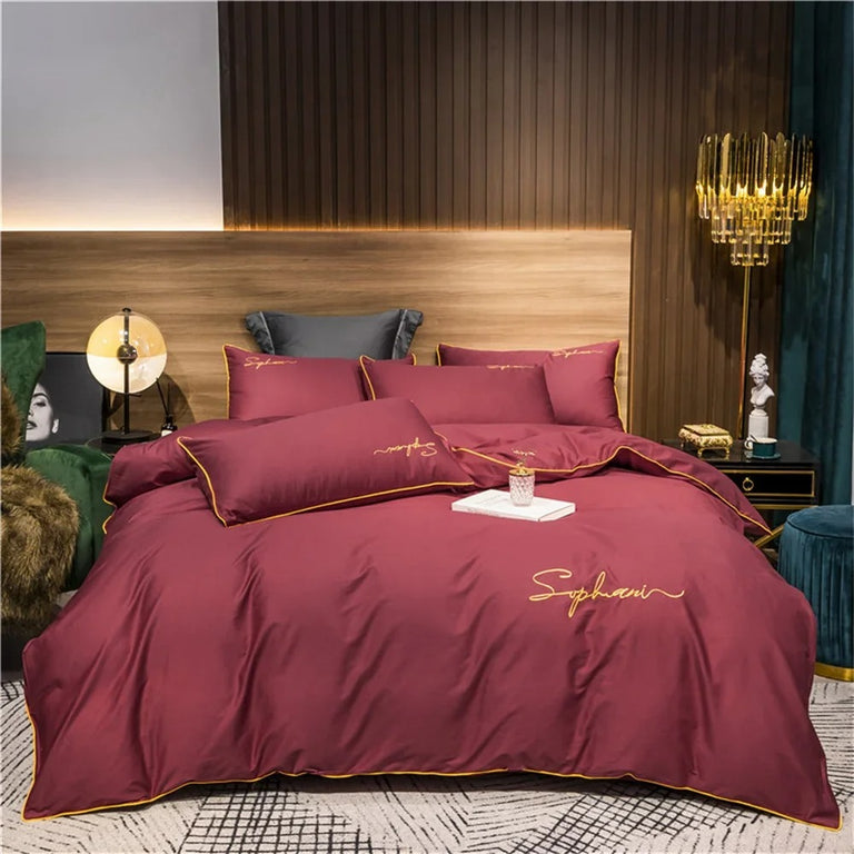 Black Bedding Set with Gold Piping & Signature Embroidery - 400TC