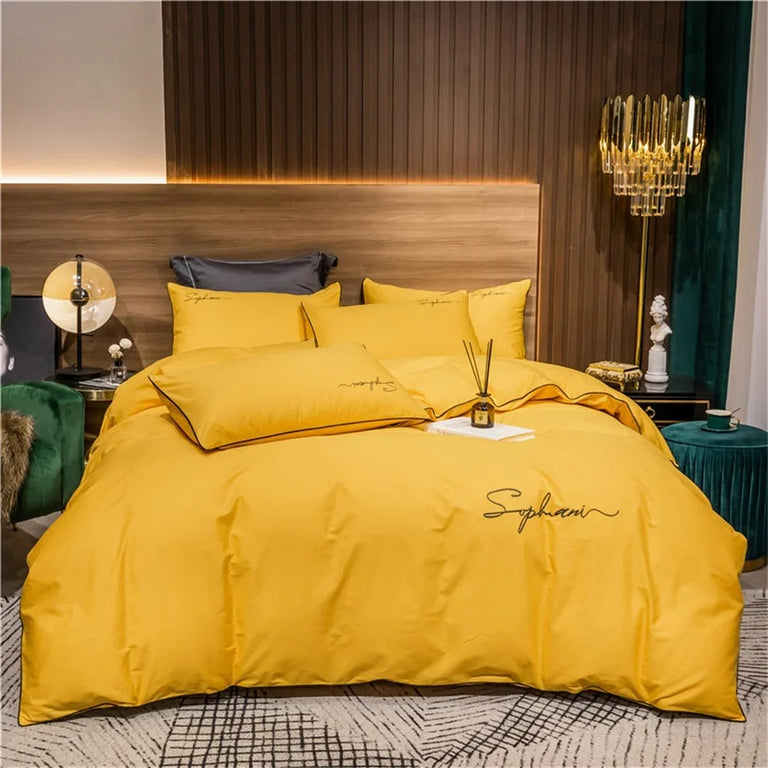 Black Bedding Set with Gold Piping & Signature Embroidery - 400TC