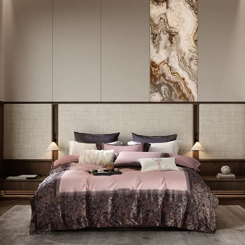 Royal Blush & Coffee Brown Jacquard Embroidered Bed Set – 1500TC - Egyptian Bedding