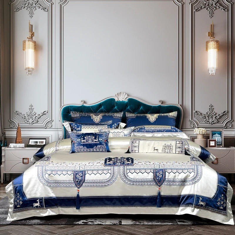 Luxurious Modern Embroidered Blue and Ivory Bedding Set - 1500TC - Egyptian Bedding