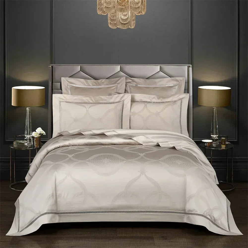 Ivory Jacquard Bedding Set with Geometric Design and Fine Border - 800TC - Egyptian Bedding