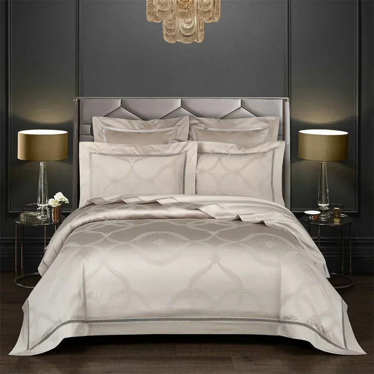 Ivory Jacquard Bedding Set with Geometric Design and Fine Border - 800TC