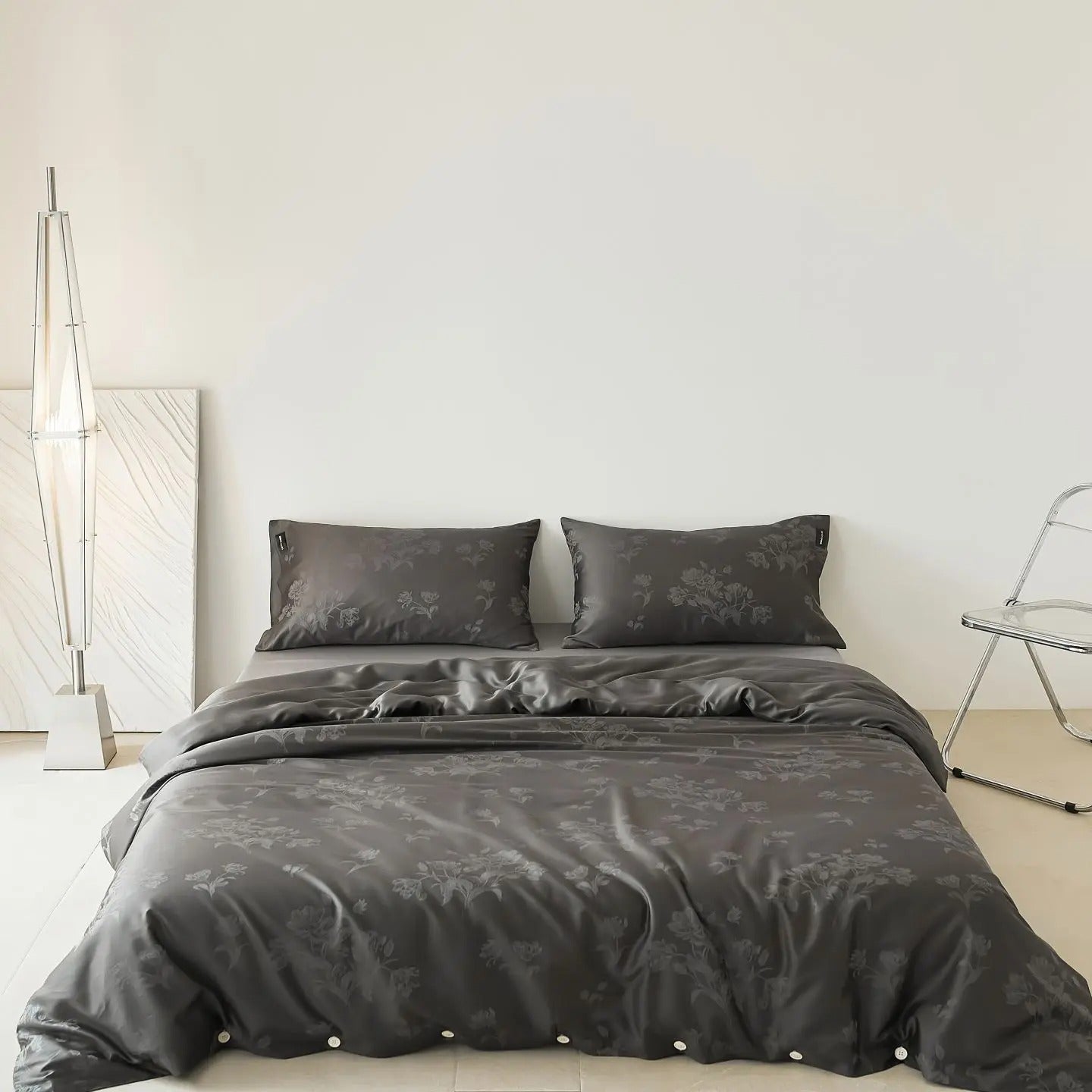 Charcoal Floral Jacquard Bedding Set with Duvet Cover - 600TC