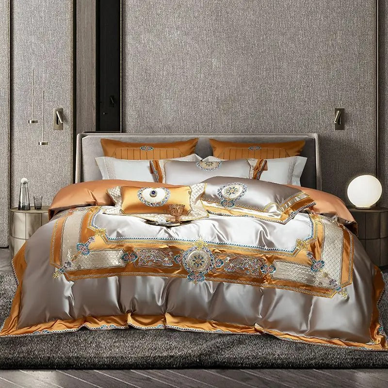 Rich Silver Satin Bedding Set with Unique Embroidered Border - 1500TC - Egyptian Bedding