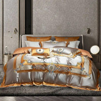 Rich Silver Satin Bedding Set with Unique Embroidered Border - 1500TC