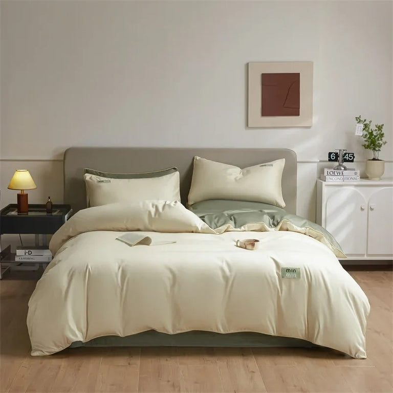 Beige and Green Satin Egyptian Cotton Bedding Set with Duvet Cover - 800TC