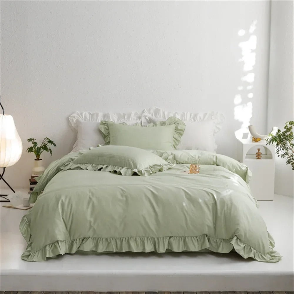 Sage Green Ruffled Edge Egyptian Cotton Bedding Set - 600TC - Egyptian Bedding