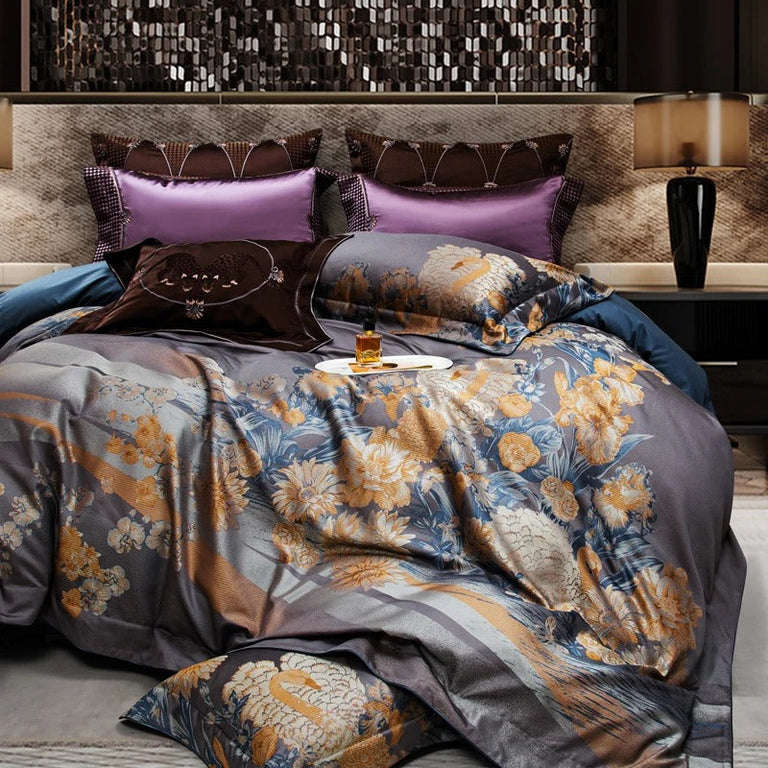 Cotton and Silk Jacquard Bedding Set with Floral Embroidery - 1500TC