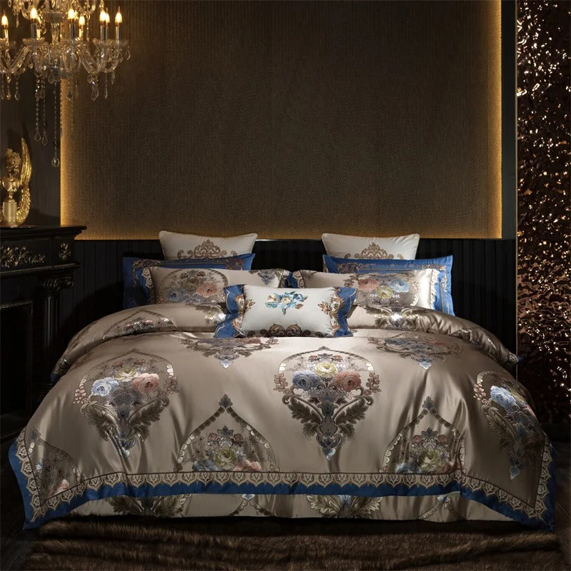 Royal Blue and Beige Floral Embroidered Bedding Set with Duvet Cover - 1000TC - Egyptian Bedding