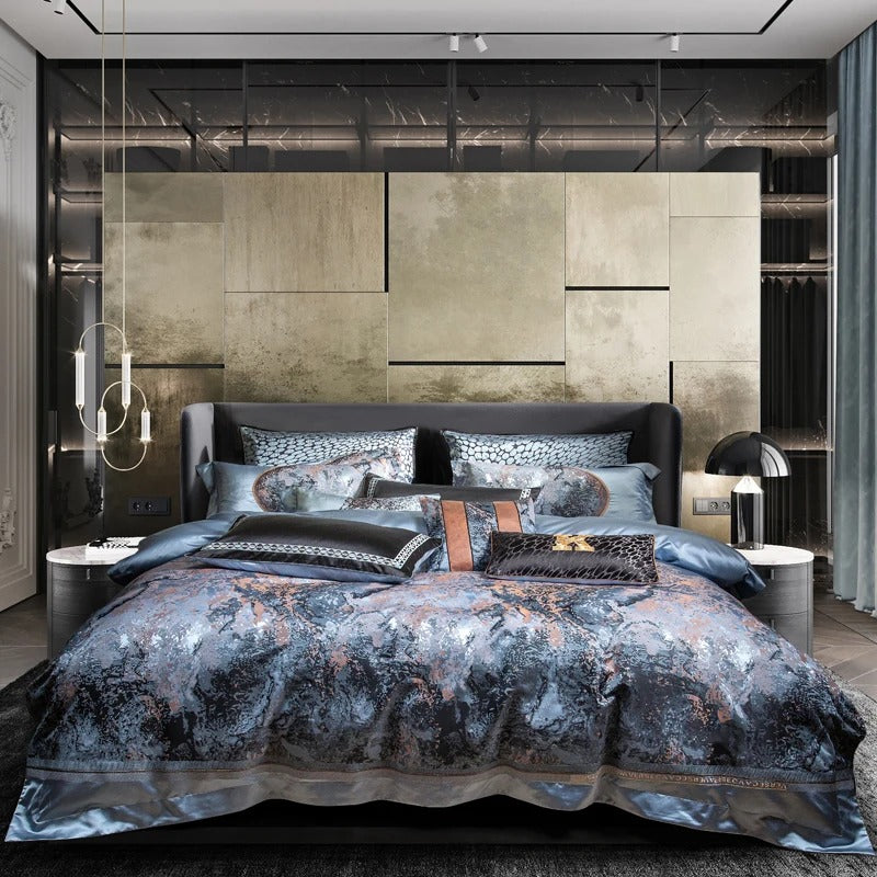 Blue and Copper Satin Embroidery Bedding Set with Duvet Cover - 1500TC - Egyptian Bedding