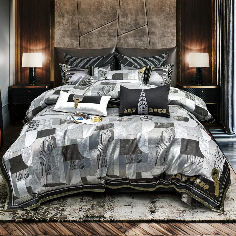 Luxury Silver Gray Geometric Style Bedding Set with Duvet Cover - 1200TC - Egyptian Bedding