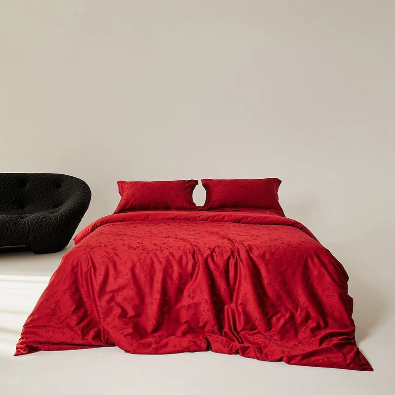 Red Floral Jacquard Bedding Set with Duvet Cover - 900TC - Egyptian Bedding