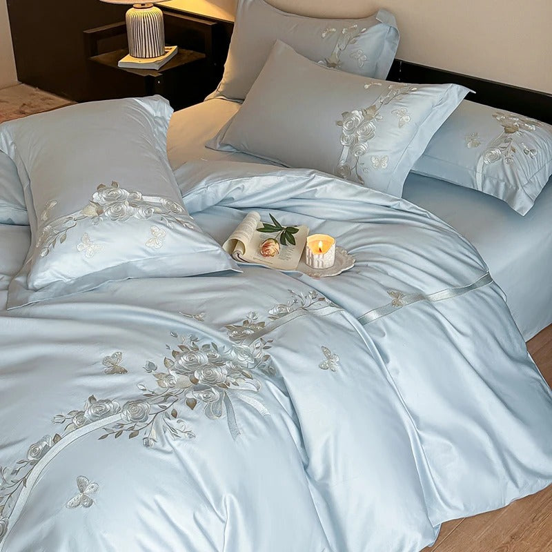 Luxury Blue Satin Bedding Set with Silver Floral Embroidery - 600TC