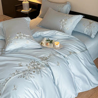 Luxury Blue Satin Bedding Set with Silver Floral Embroidery - 600TC