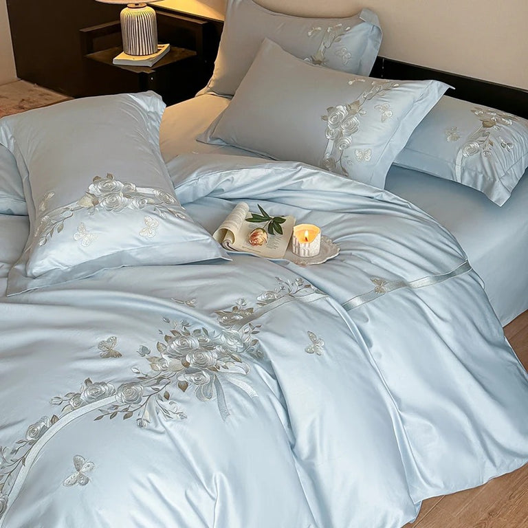 Luxury Blue Satin Bedding Set with Silver Floral Embroidery - 600TC