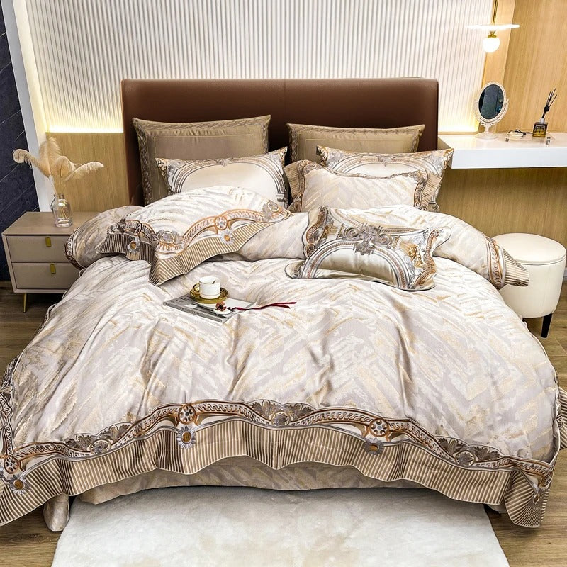 Cream and Gold Jacquard Bedding Set with an Embroidered Border - 1500TC - Egyptian Bedding