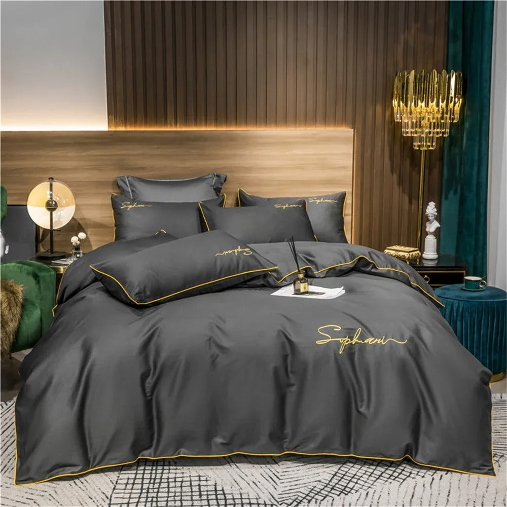 Black Bedding Set with Gold Piping & Signature Embroidery - 400TC - Egyptian Bedding