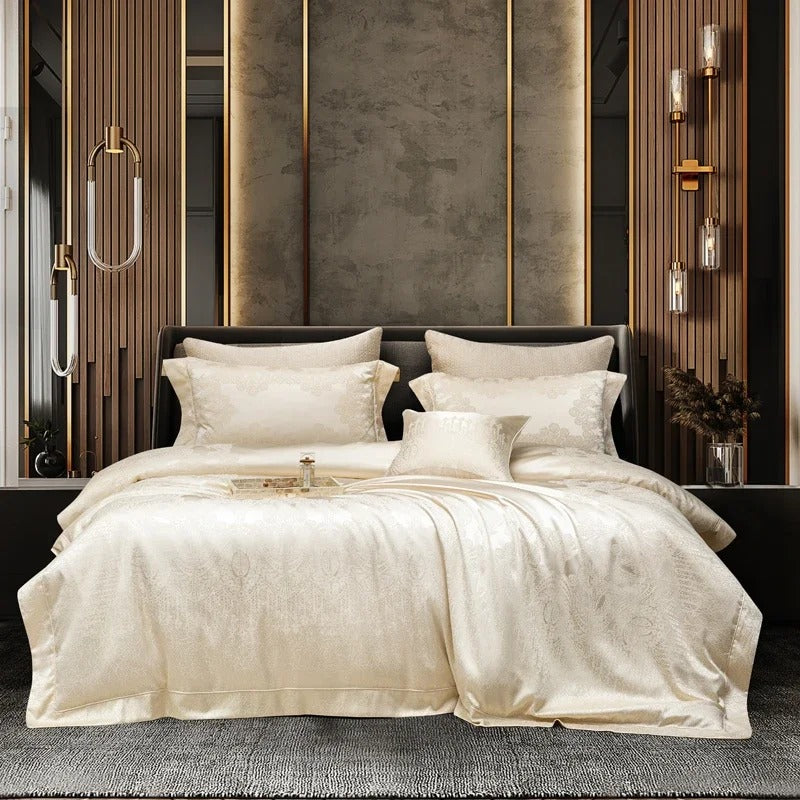 Ivory Pearl Jacquard Bedding Set with Floral Embroidery - 1500TC - Egyptian Bedding